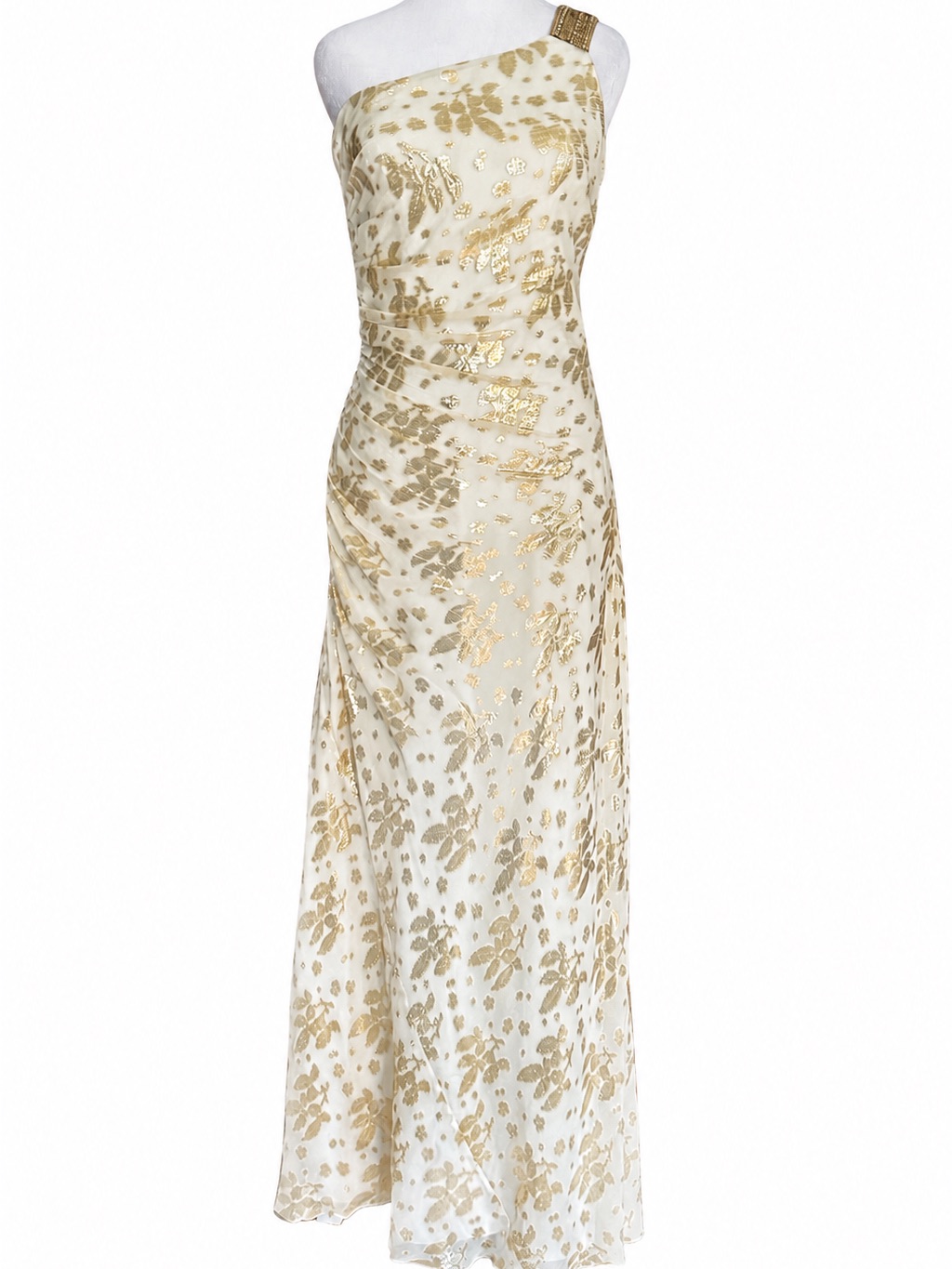 Aidan Mattox Gown 6 Silk Blend One Shoulder Gold Metallic Jacquard Evening Dress